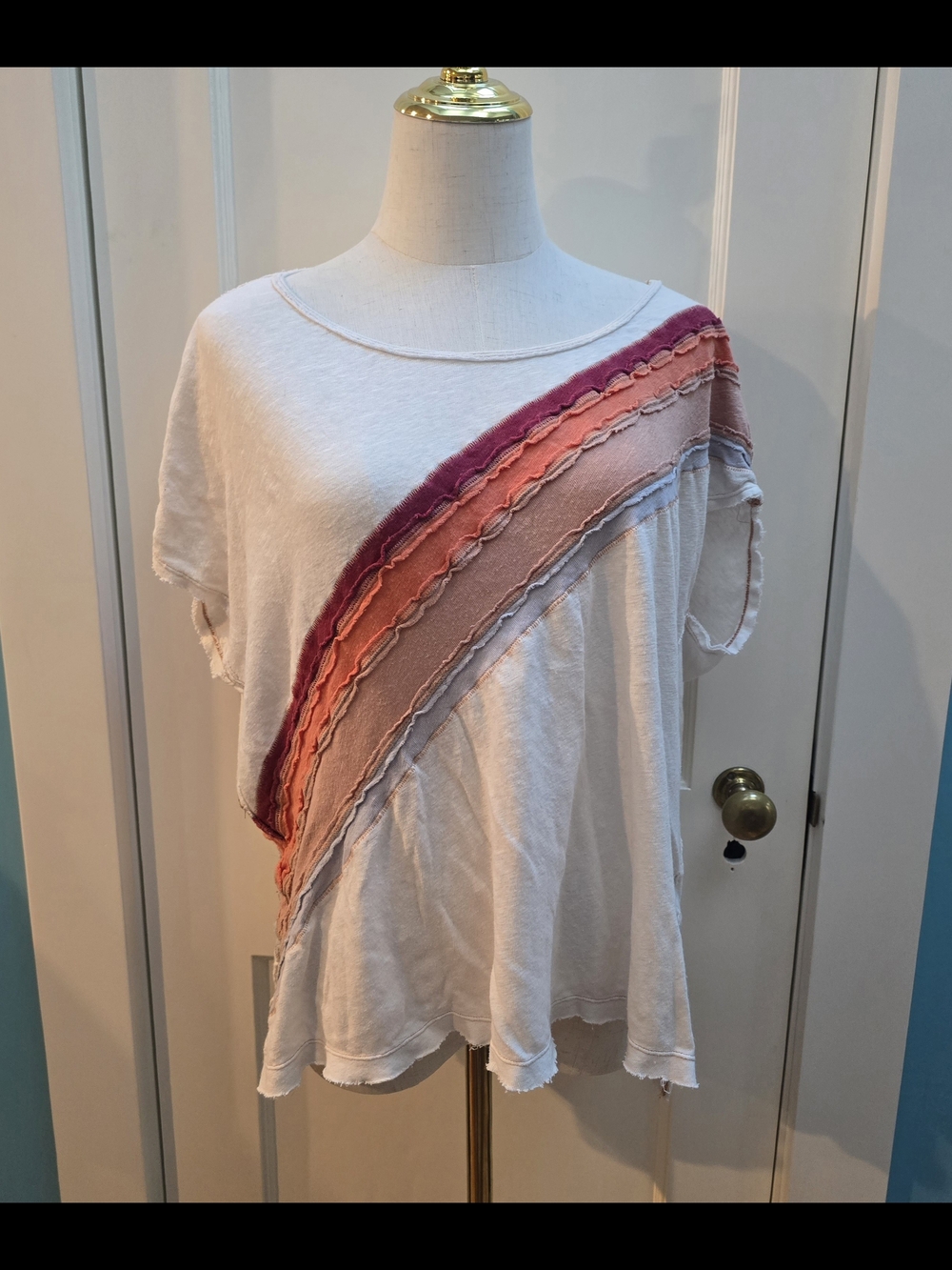 We The Free Oversized Ivory Short Sleeve Top with Multicolor Diagonal Stripes